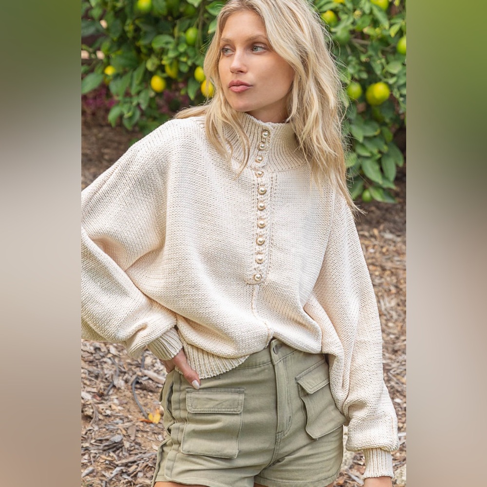 434. POL LAST 1! Sweater Women Oversized Cream Slouchy Long Sleeve Bead Button - Picture 2 of 4